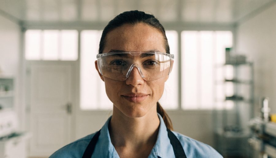 A worker wearing clear protective safety goggles