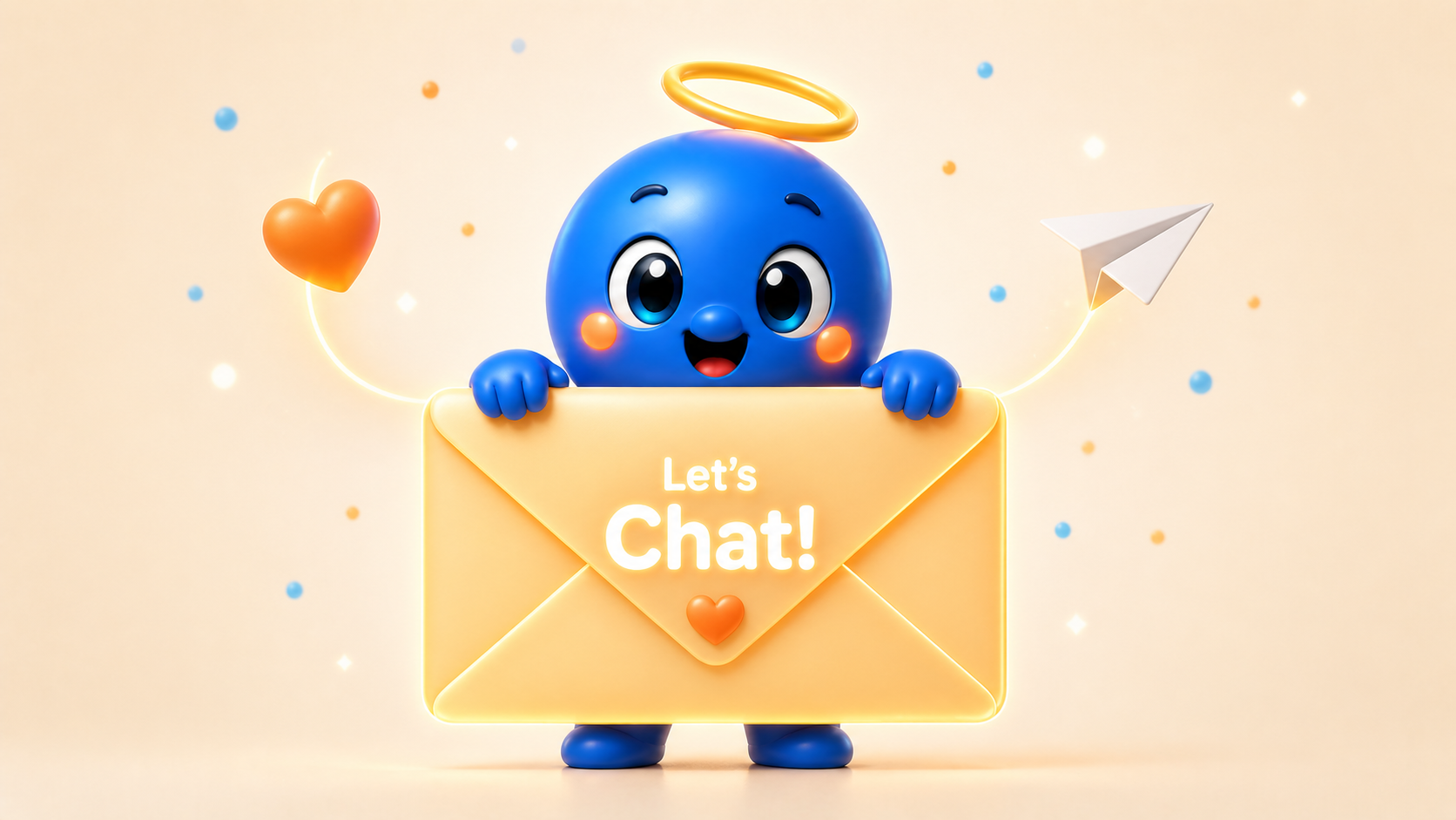 WE mascot holding a Let's Chat envelope