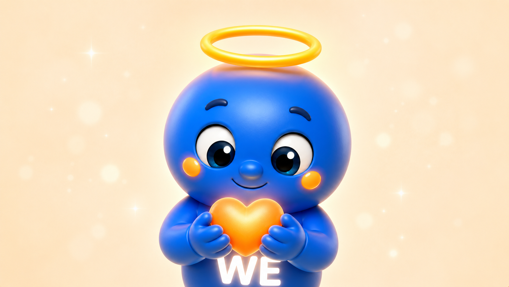 WE mascot holding a glowing heart