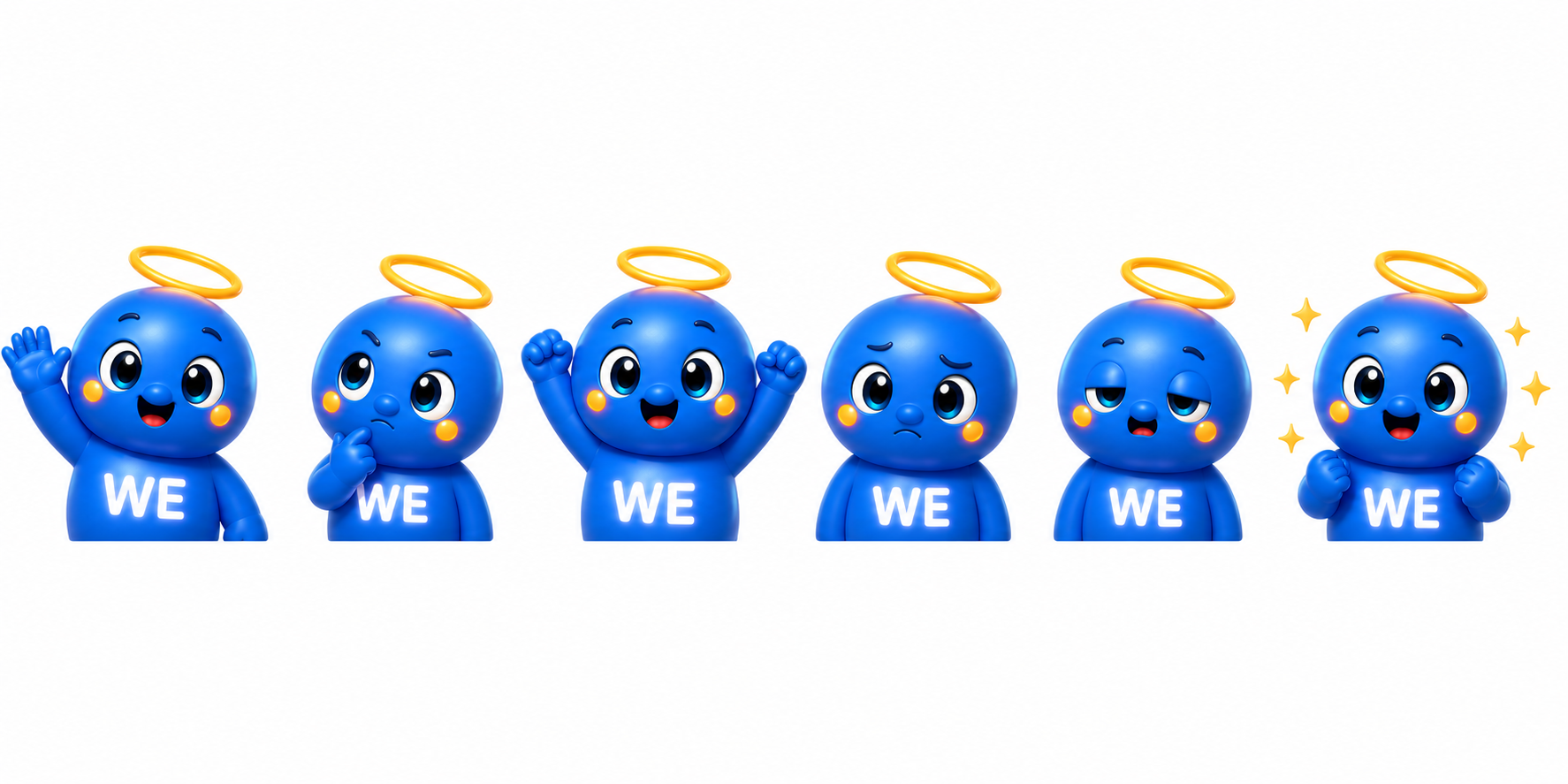 WE mascot in 6 different moods — waving, thinking, celebrating, concerned, sleepy, cheering