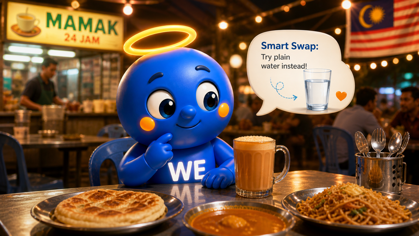 WE mascot at a mamak suggesting a smart drink swap