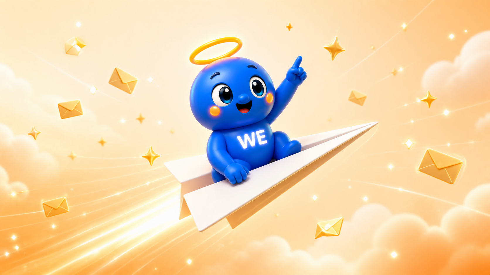 WE mascot flying on a paper plane through an orange sky with floating envelopes