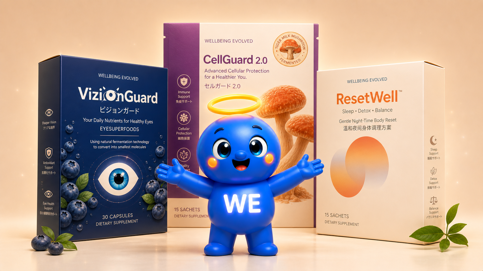 WE mascot with VizionGuard, CellGuard 2.0 and ResetWell