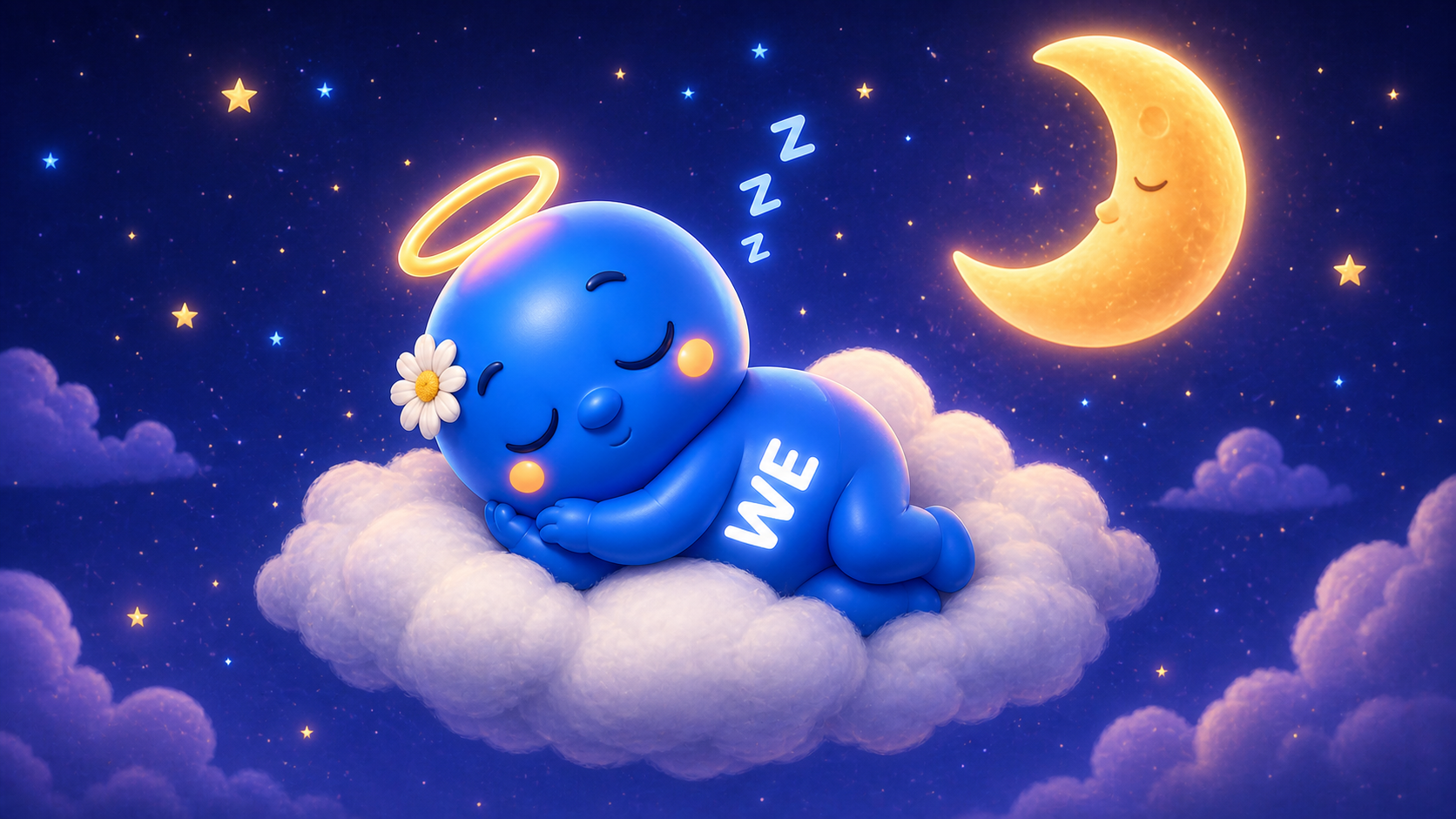 WE mascot sleeping on a cloud