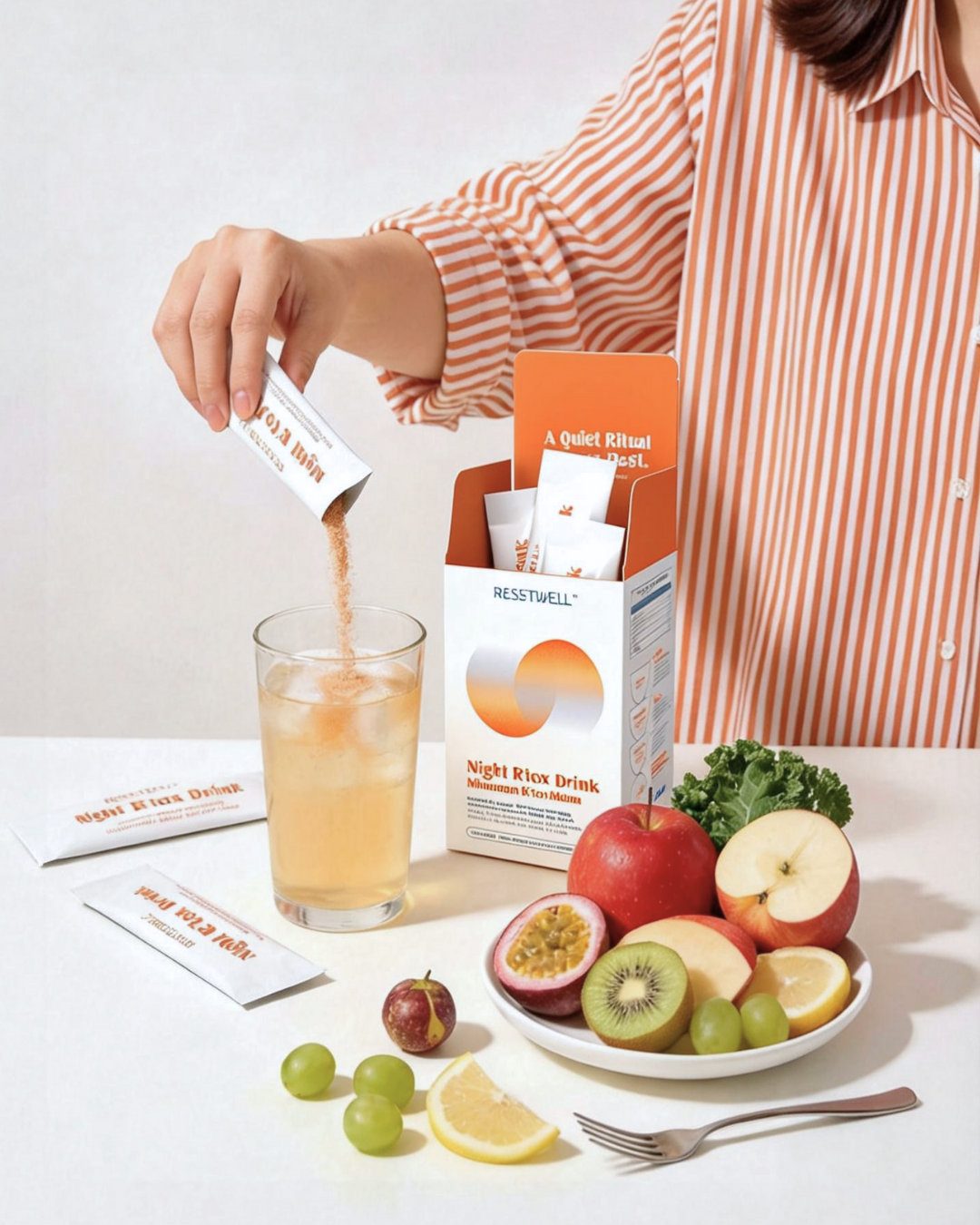 Pouring ResetWell Night R'tox sachet into a glass — lifestyle scene