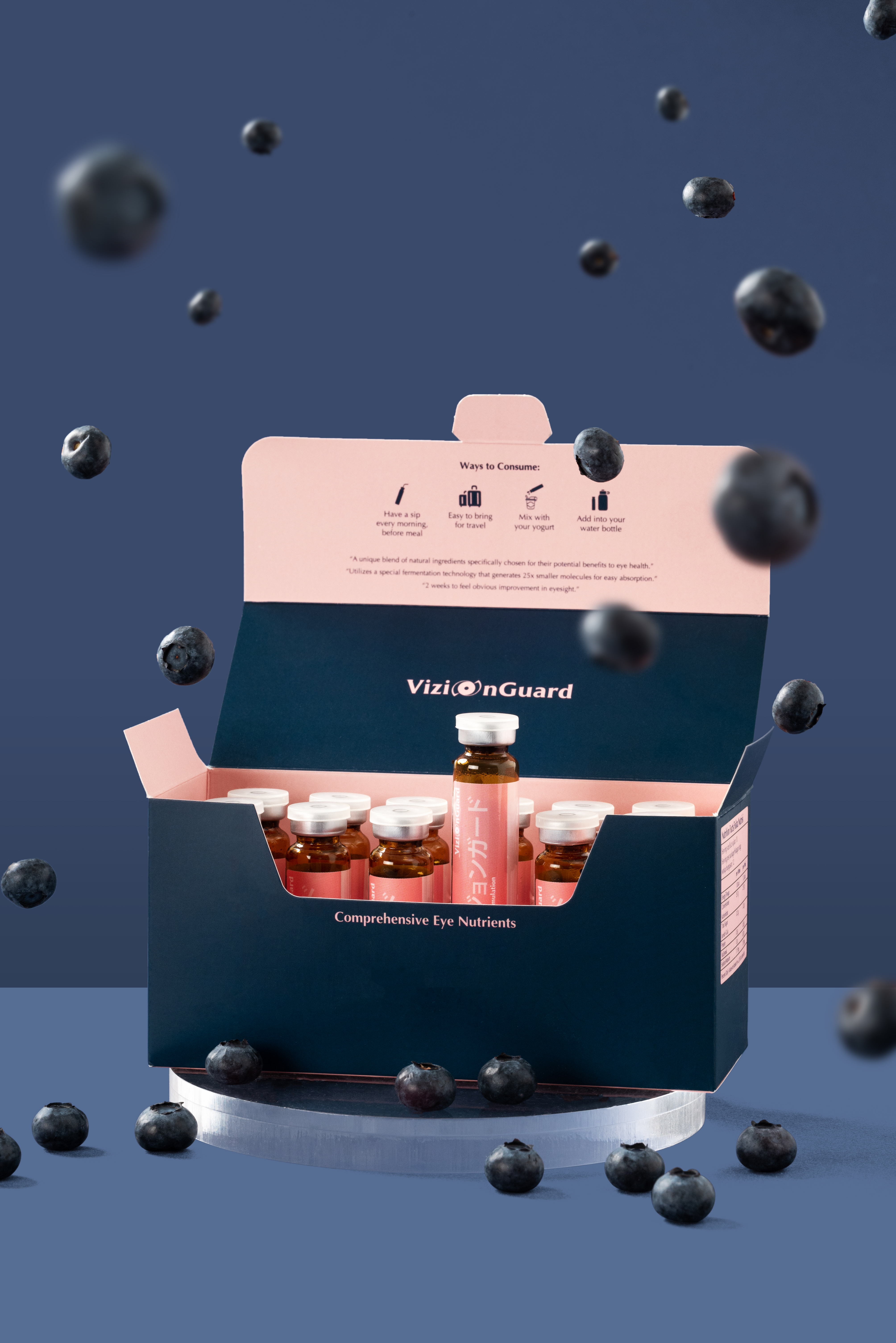 VizionGuard open box with ampoules and floating blueberries on navy backdrop