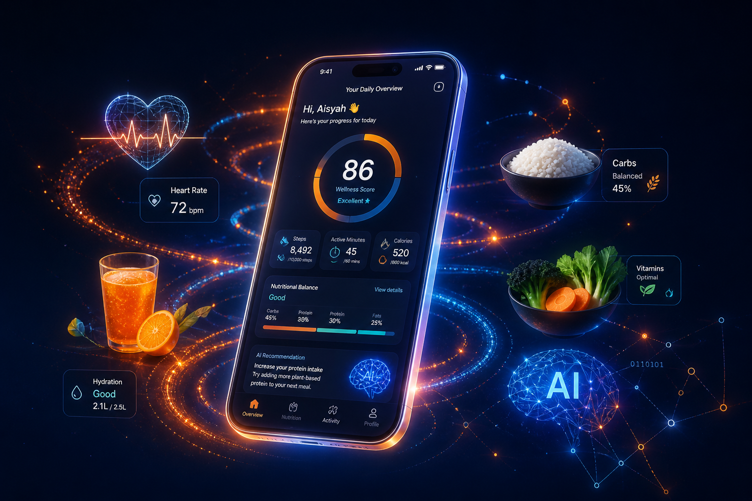WeCare AI app dashboard with health score, AI swirls, and meal data