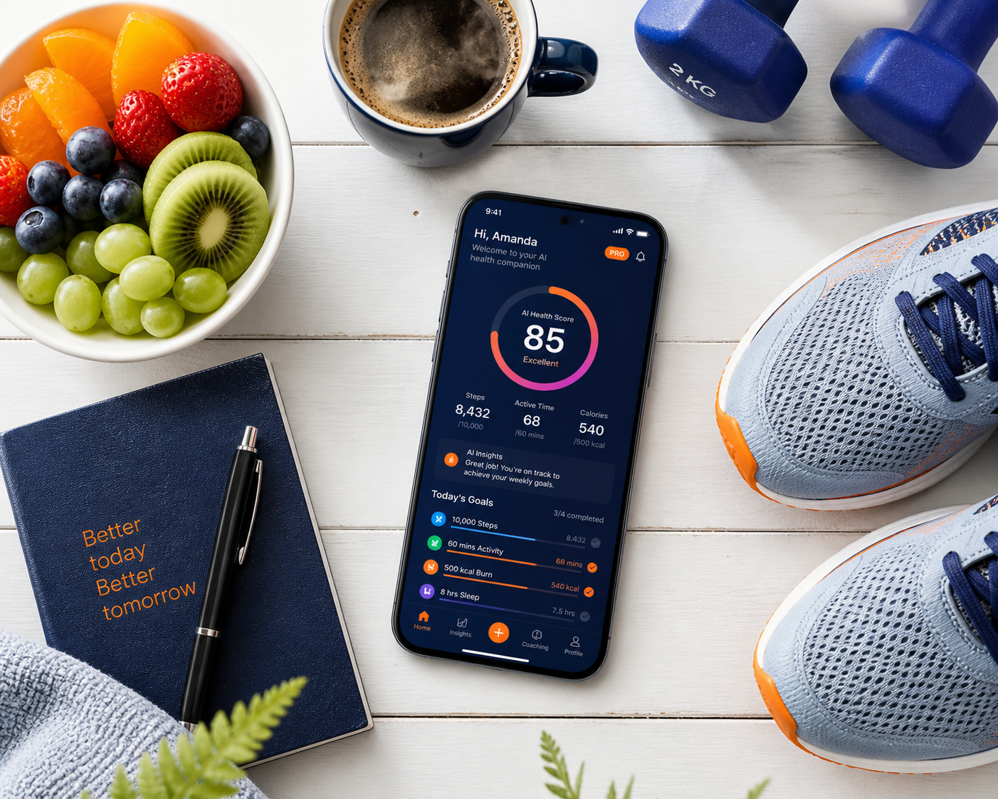 A morning lifestyle setup — phone with WeCare app, fruits, dumbbells and shoes